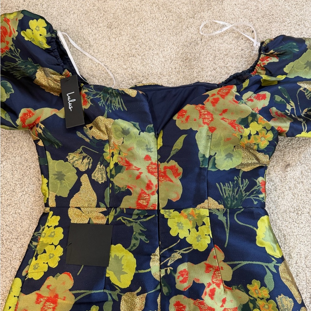 LULUS navy blue floral puff sleeve mini dress - Picture 5 of 6